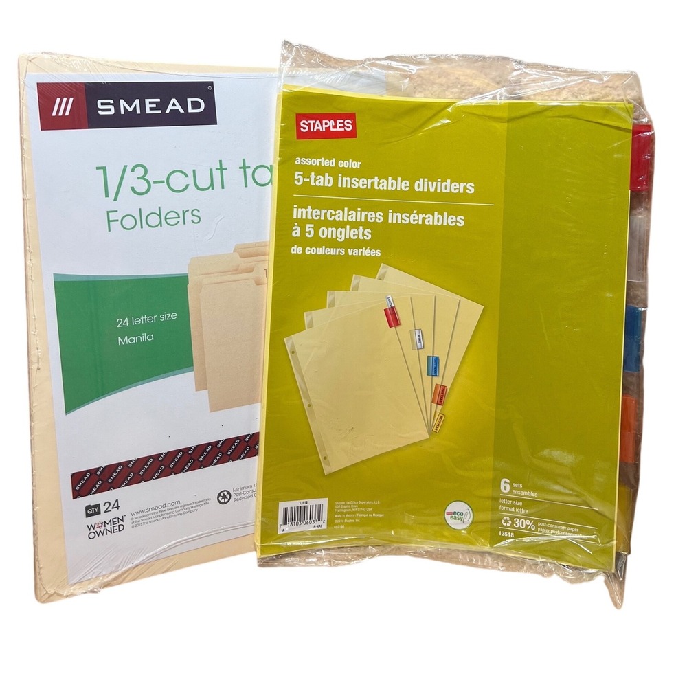 Smead 24 Manila File Folders 1/3 Cut & Staples 6 Sets 5-Tab Dividers Bundle
